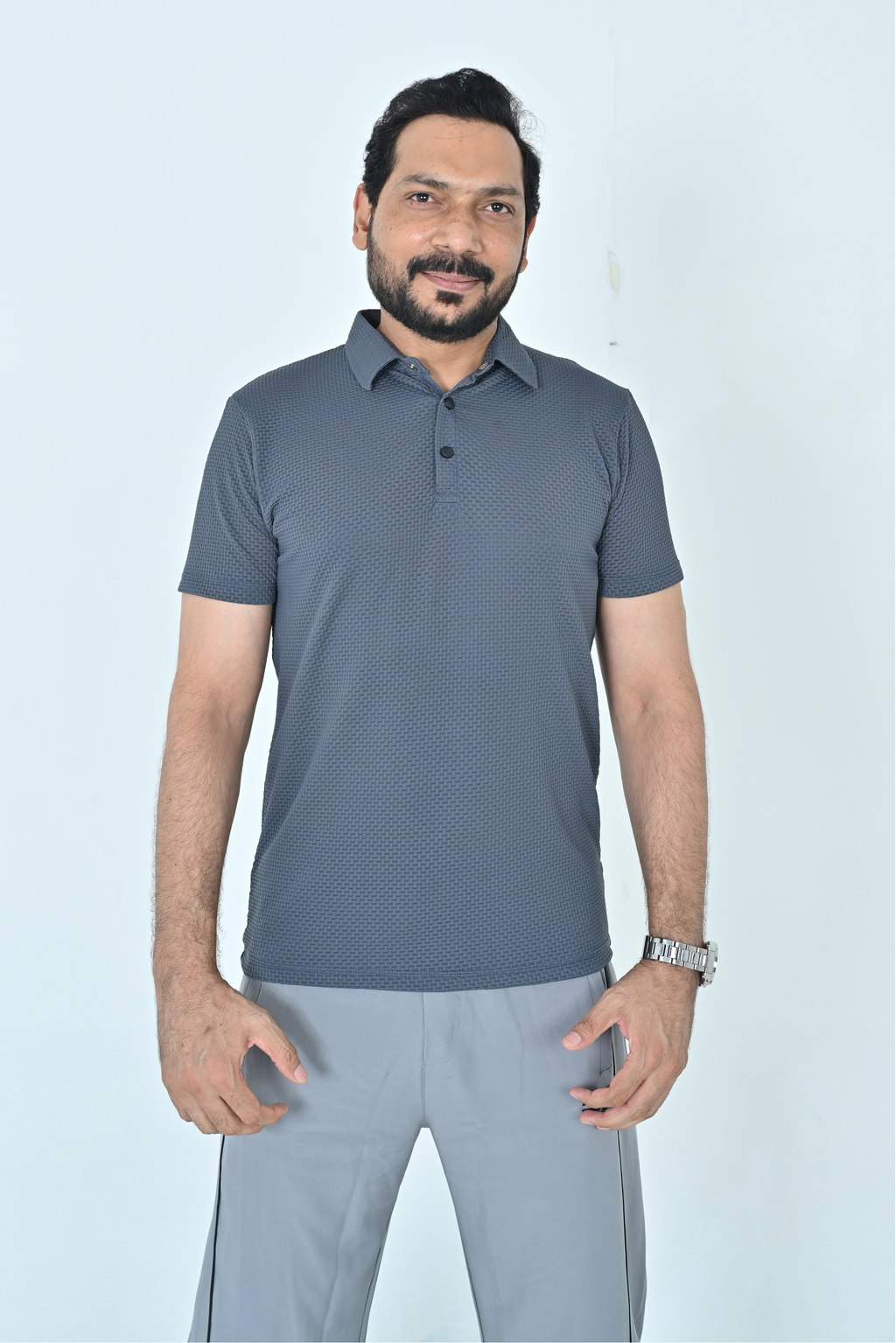 Textured Polo T-Shirt - Steel Grey
