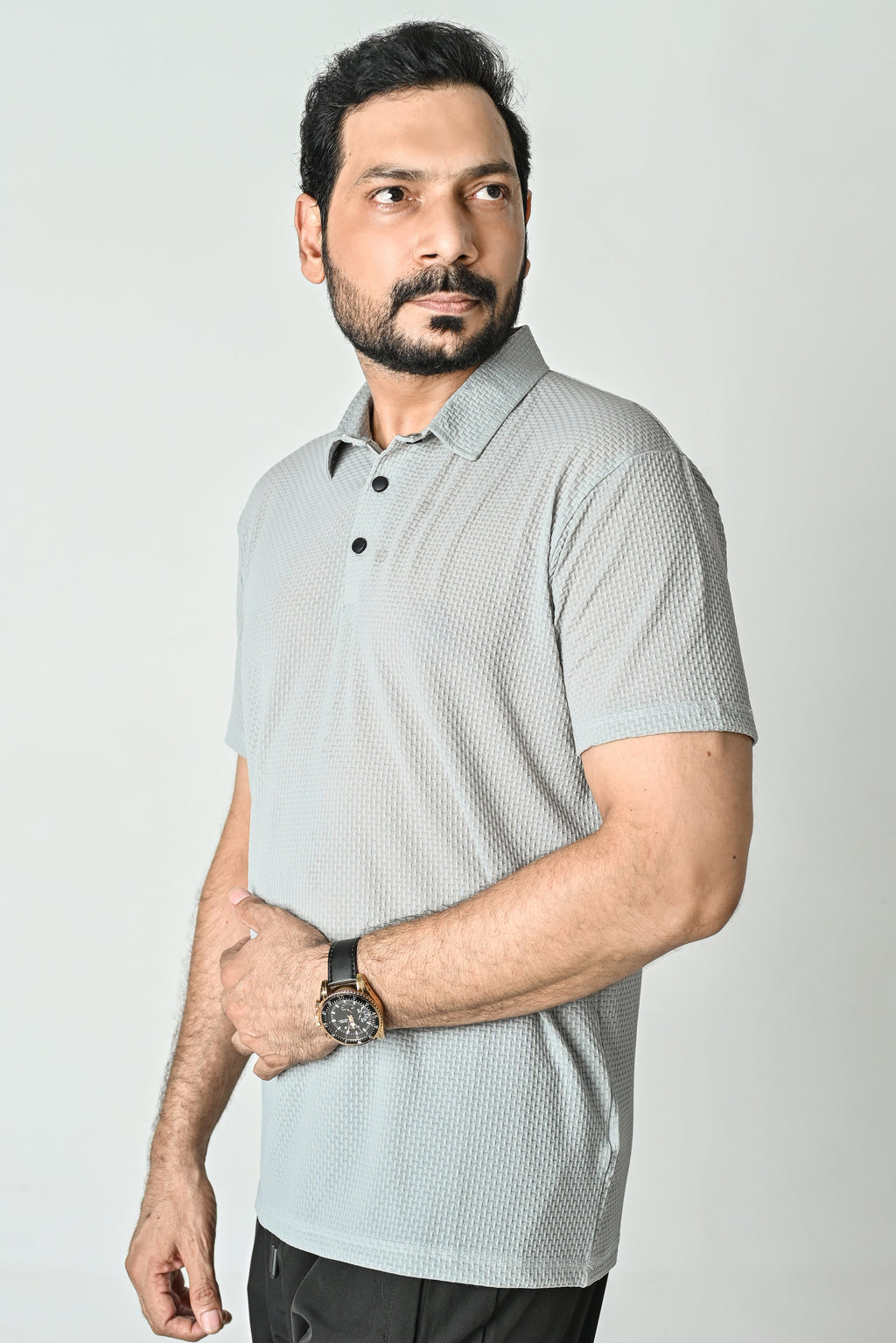 Textured Polo T-Shirt- Silver