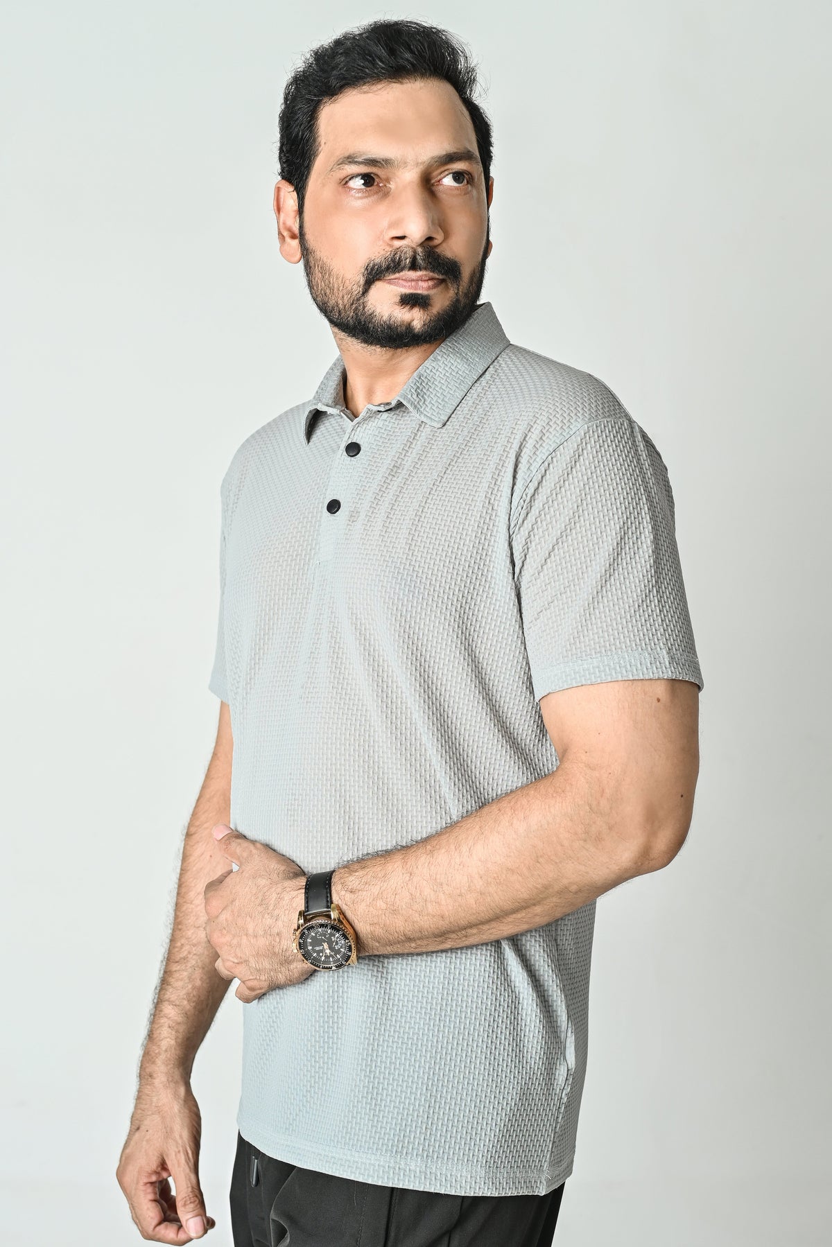 Textured Polo T-Shirt- Silver