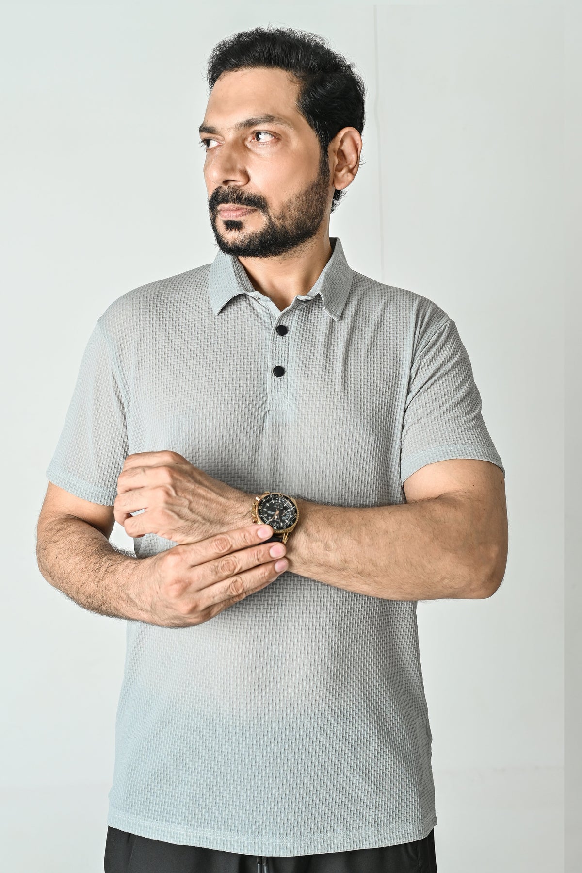 Textured Polo T-Shirt- Silver