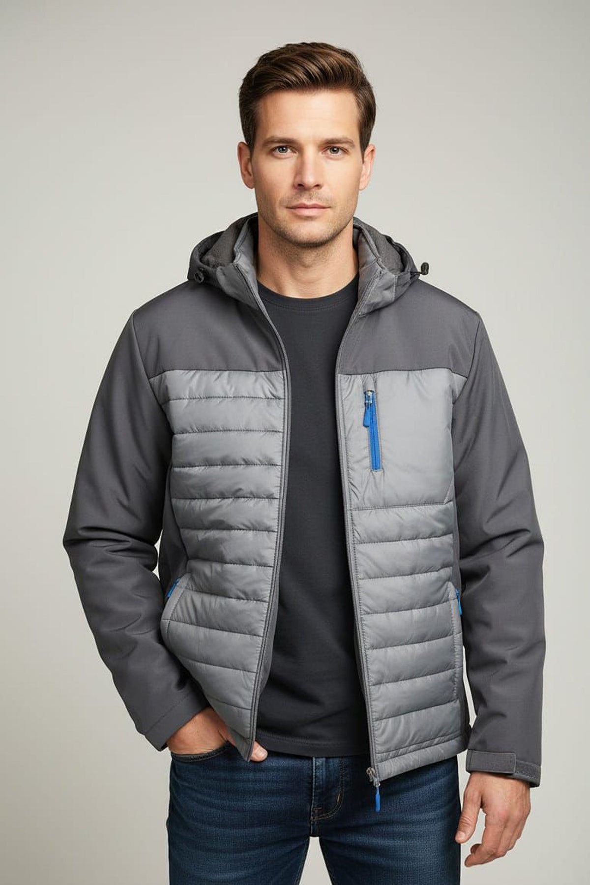 Men’s Hybrid Quilted Hooded Jacket – Gray