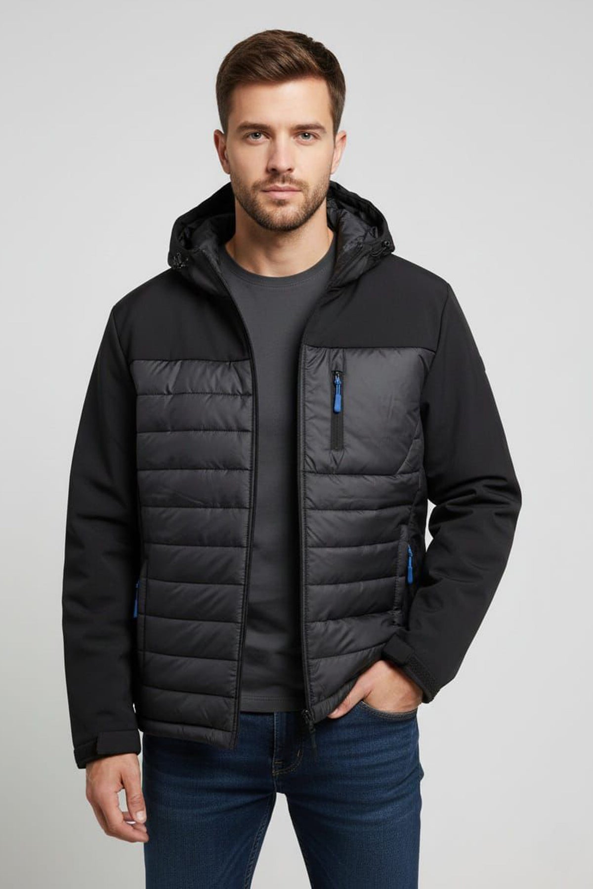 Men's Hybrid Quilted Hooded Jacket - Black